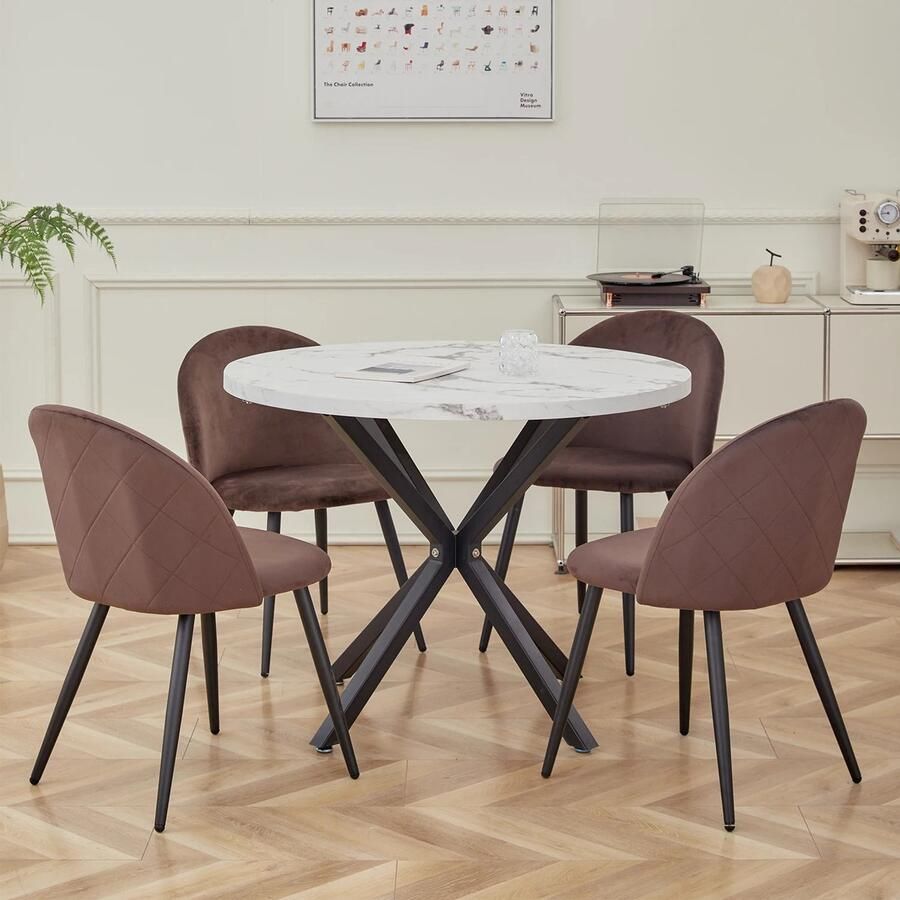 Instinct Set van 4 Fluwelen Eetkamerstoelen – Vintage Nordic Gestoffeerde Stoelen met Zwarte Metalen Poten en Ergonomische Rugleuning – Bruin