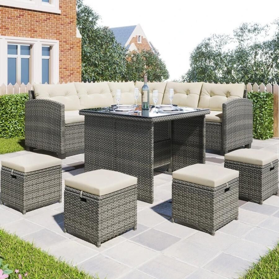 Instinct tuinlounge set 2 banken 4 stoelen eettafel voor alle weersomstandigheden wit