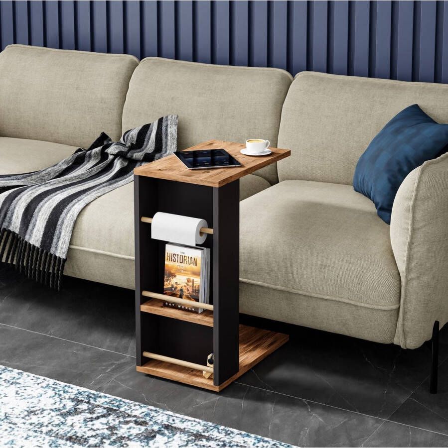 Intergas CT3-AG Bijzettafel op Wielen Plank Salontafel Opgerolde Handdoek Bevestigbaar Bankstandaard C-tafel Nesttafel Middentafel met Plank 29 x 44 x 65 cm