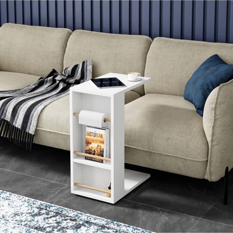 Intergas CT3-B Bijzettafel op Wielen Plank Salontafel Opgerolde Handdoek Bevestigbaar Bankstandaard C-tafel Nesttafel Middentafel met Plank Wit 29 x 44 x 65 cm