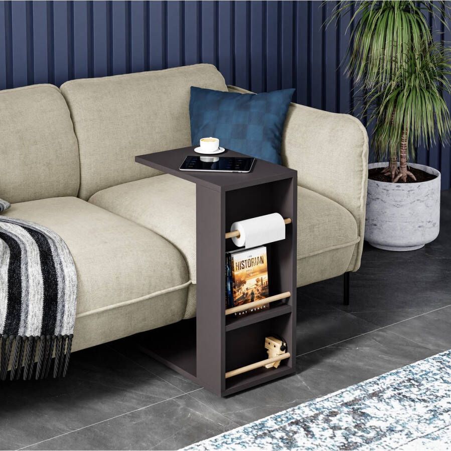 Intergas CT3-G Bijzettafel op Wielen Plank Salontafel Opgerolde Handdoek Bevestigbaar Bankstandaard C-tafel Nesttafel Middentafel met Plank Antraciet 29 x 44 x 65 cm