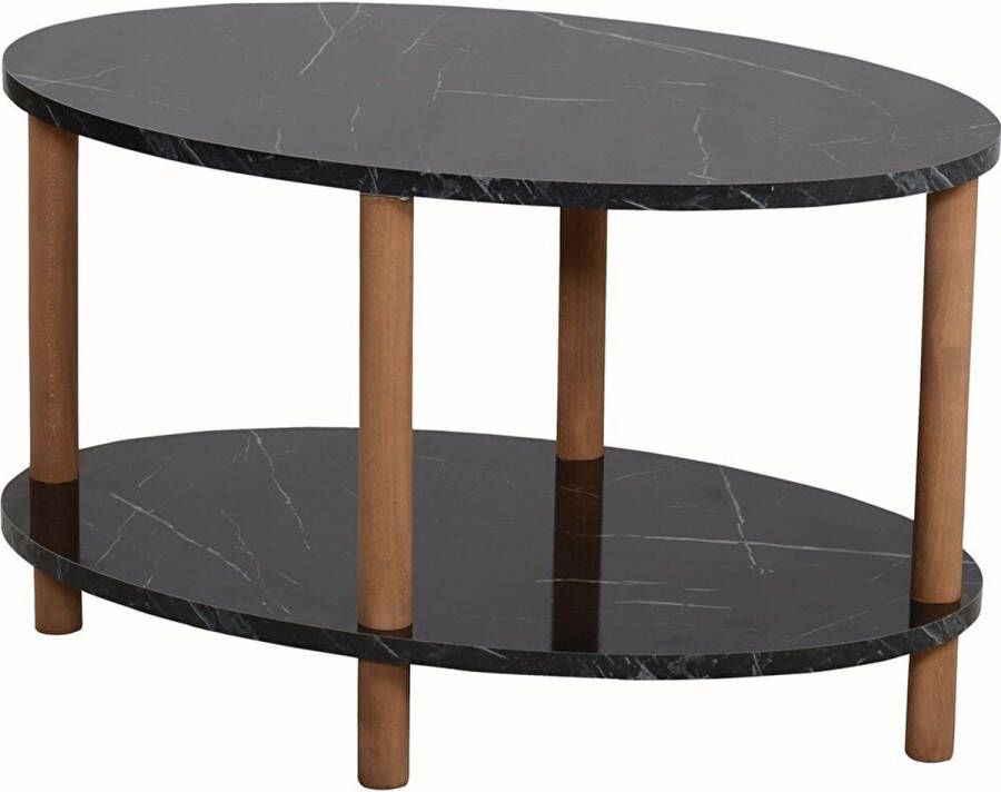 Intergas Ovaal Salontafel Ovale Rand Bijzettafel Salontafel met Houten Poten Salontafel met Twee Niveaus Salontafel met Krantenhouder Zwart en Marmer 44 x 70 cm