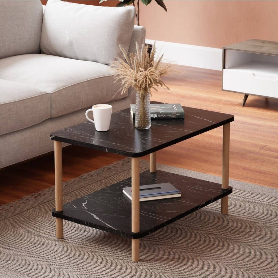 Rechthoekige Salontafel Ovale Rand Bijzettafel Salontafel met Houten Poten Salontafel met Twee Niveaus Salontafel met Krantenhouder Zwart en Marmer 44 x 70 cm