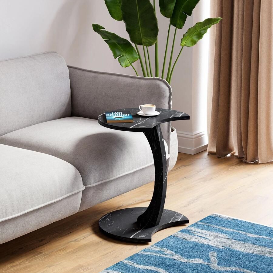 InterGo Nestly Bijzettafel Salontafel Wiel C Tafel Banktafel Nesttafel Servicetafel Zwart en Marmer