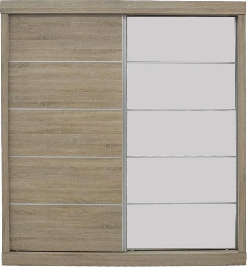 Interiax Kledingkast 'Mila' – Sonoma Eik Schuifdeurkast met 1 Hanger 4 Legplanken & Spiegel 197.5x182.5x52.5 cm