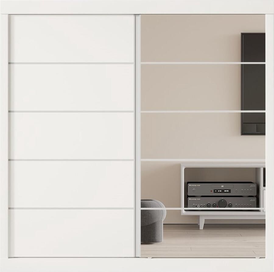 Interiax Kledingkast 'Mila' – Witte Schuifdeurkast met 1 Hanger 4 Legplanken & Spiegel 197.5x182.5x52.5 cm