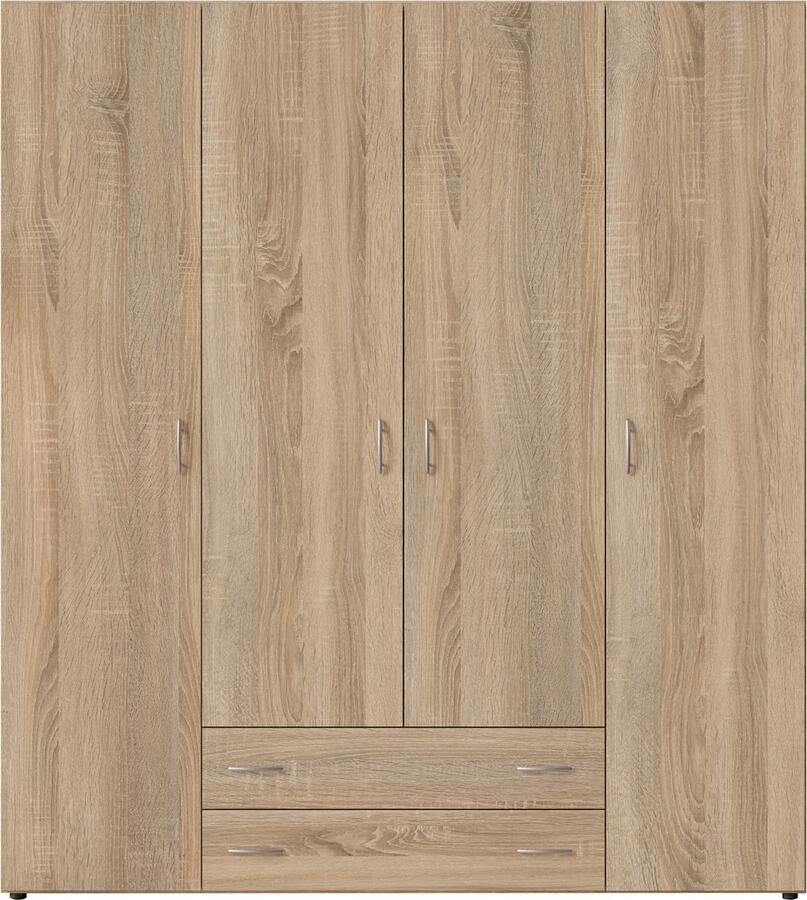 Interiax Kledingkast &apos;Saar&apos; 4 Deuren 2 Lades 2 Hangers & 4 Legplanken Sonoma Eik 177x160x52 cm