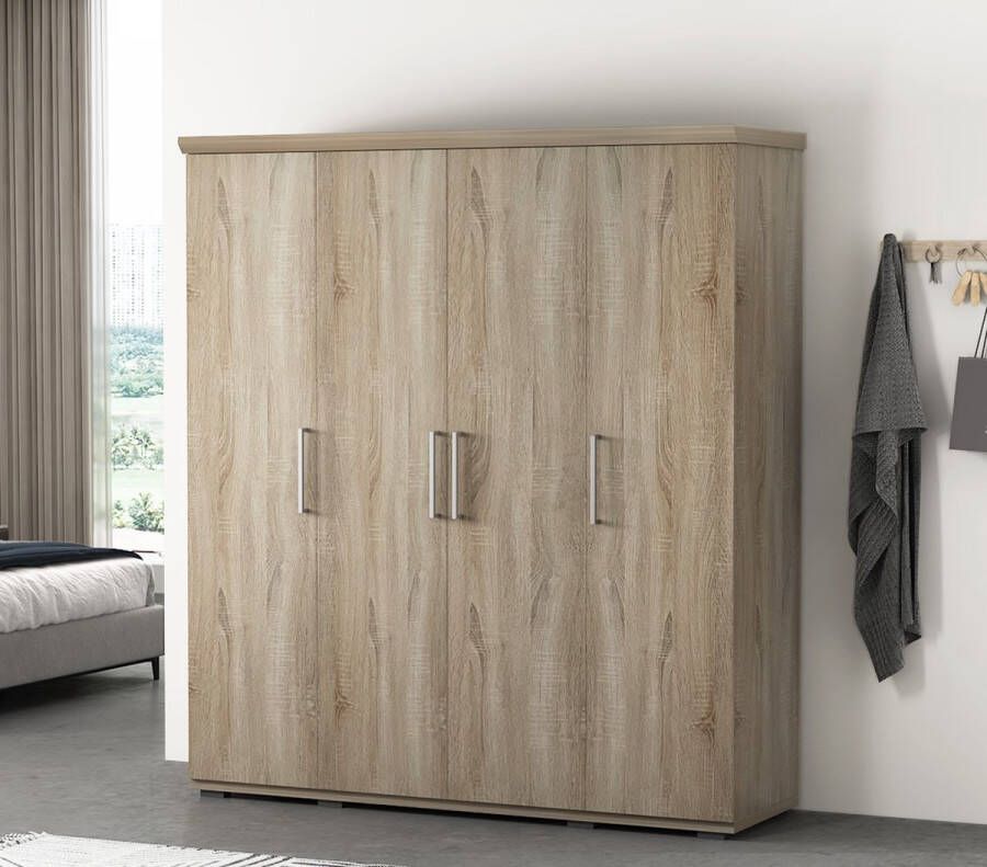 Interiax Kledingkast &apos;Mila&apos; 4 Deuren 1 Hanger & 6 Legplanken Sonoma Eik 183x160x52cm