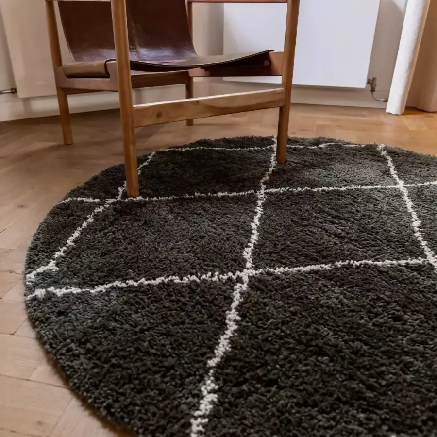 Interieur 05 Hoogpolig Vloerkleed Berber Kris Kros Groen wit Polypropyleen Rond 160 Ø (M)