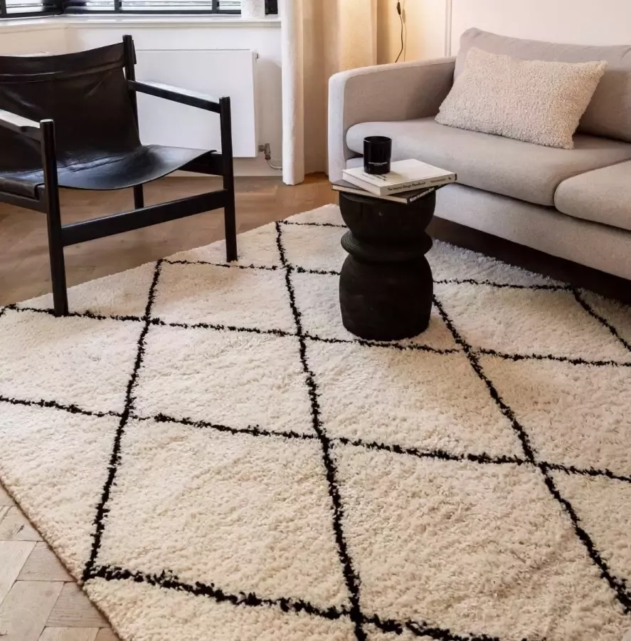 Interieur 05 Hoogpolig Vloerkleed Berber Kris Kros Wit Zwart-80 x 150 cm (XS) Polypropyleen 80 x 150 (XS)