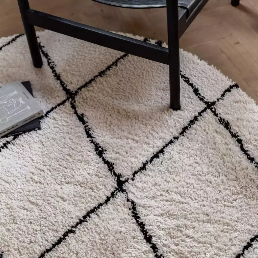Interieur 05 Hoogpolig Vloerkleed Berber Kris Kros Wit Zwart Polypropyleen Rond 120 Ø (S)