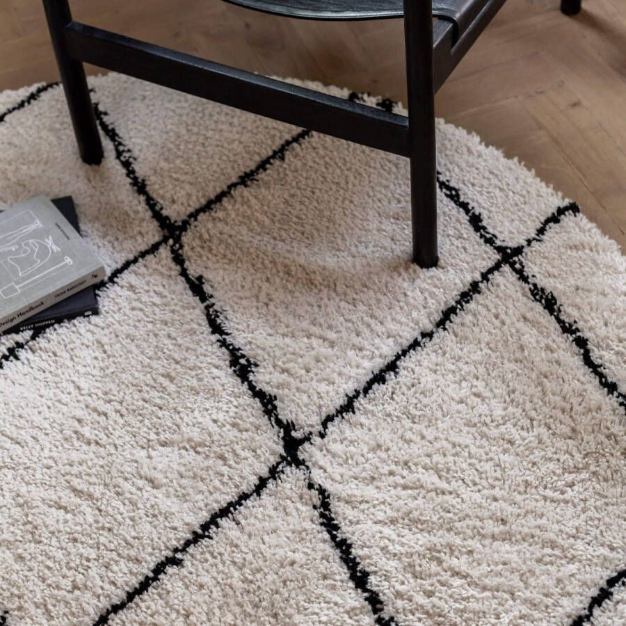 Interieur 05 Hoogpolig Vloerkleed Berber Kris Kros Wit Zwart Polypropyleen Rond 200 Ø (L)
