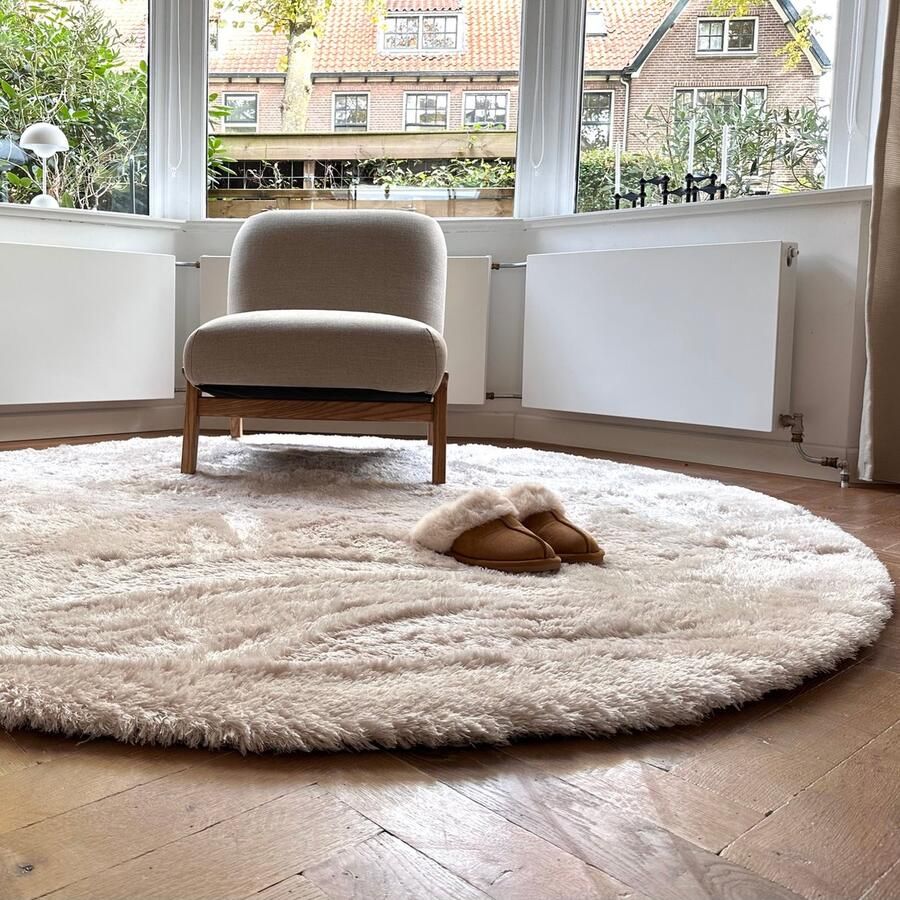 Interieur 05 Rond hoogpolig vloerkleed Odelia beige wit Interieur05 Beige Wit Polyester Rond 200 Ø (L)