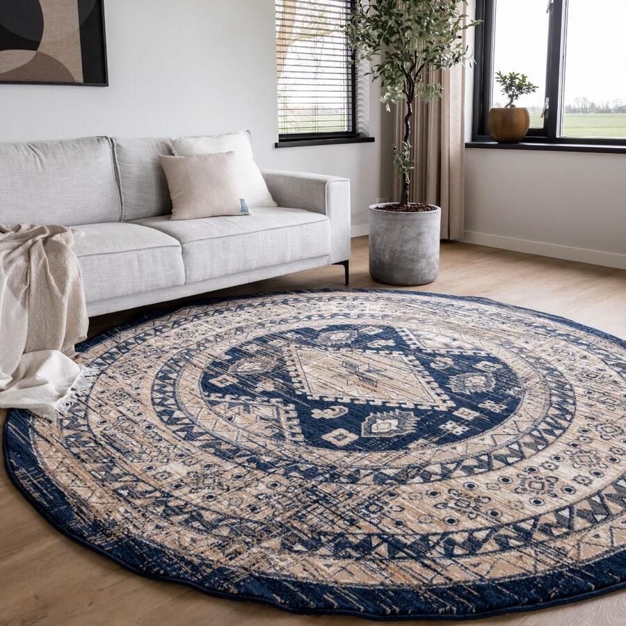 Interieur 05 Rond Vintage Vloerkleed Aila Blauw Polypropyleen Rond 160 Ø (M)