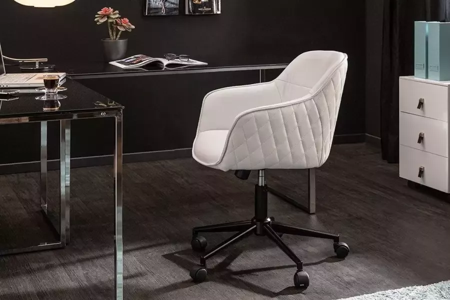 Interieurs online Bureaustoel wit met sierstiksels In hoogte verstelbare