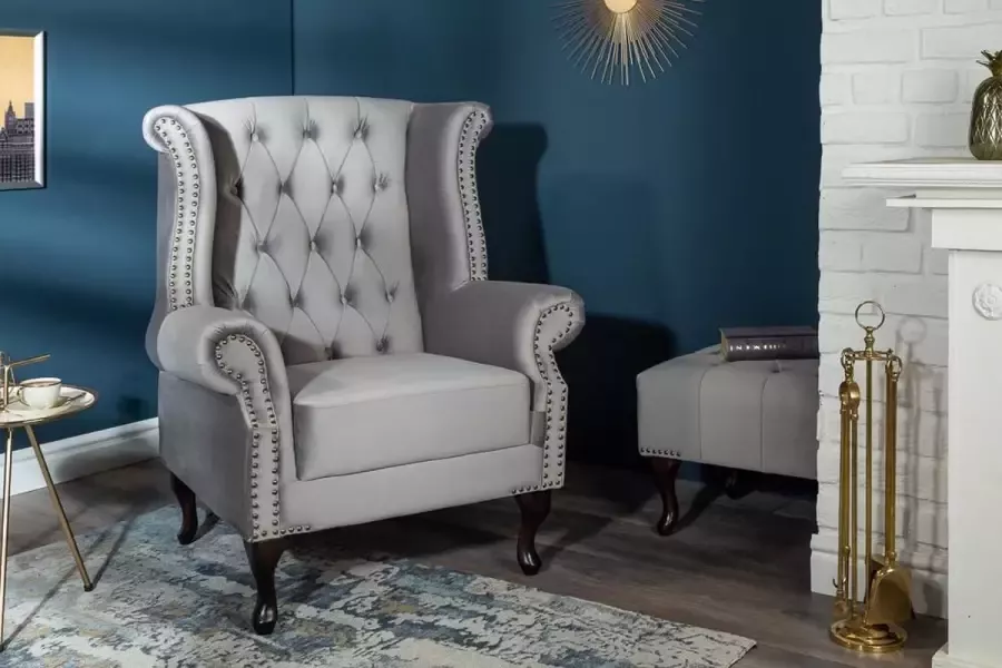 Interieurs online Chesterfield fauteuil 85cm zilvergrijs fluweel met knoopsluiting