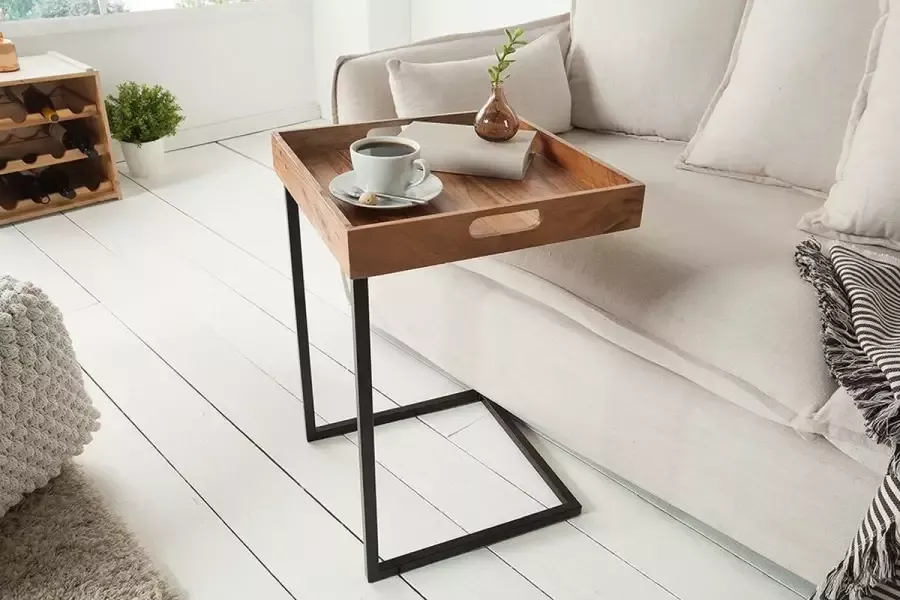 Interieurs online Design bijzettafel 40cm acacia massief houten zwarte dienbladtafel