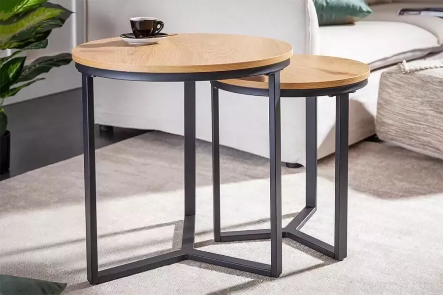 Interieurs online Design bijzettafel set van 2 eiken look 50 cm industriële stijl gelamineerd houtmateriaal