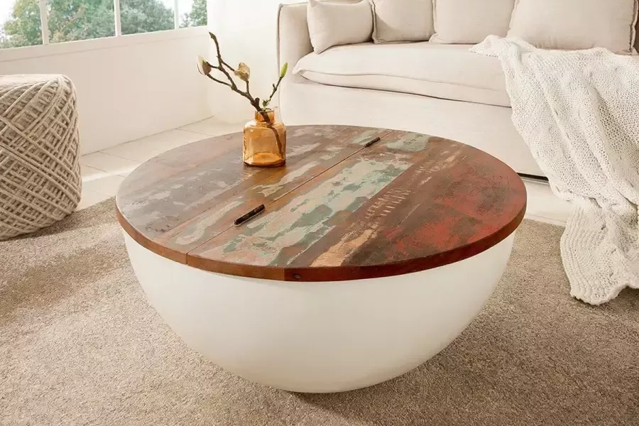 Interieurs online Design salontafel JAKARTA 70cm wit rond gemaakt van gerecyclede vissersboten met opbergruimte