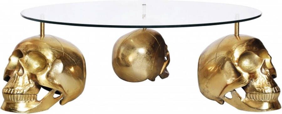 Interieurs online Design salontafel SKULL XXL 90 cm goud rond glazen blad metalen schedel handgemaakt