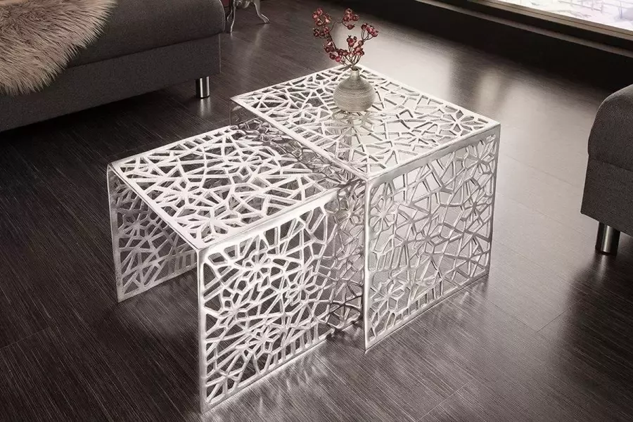 Interieurs online Handgemaakte Design Salontafel Zilver met Bijzettafel 49 cm set van 2