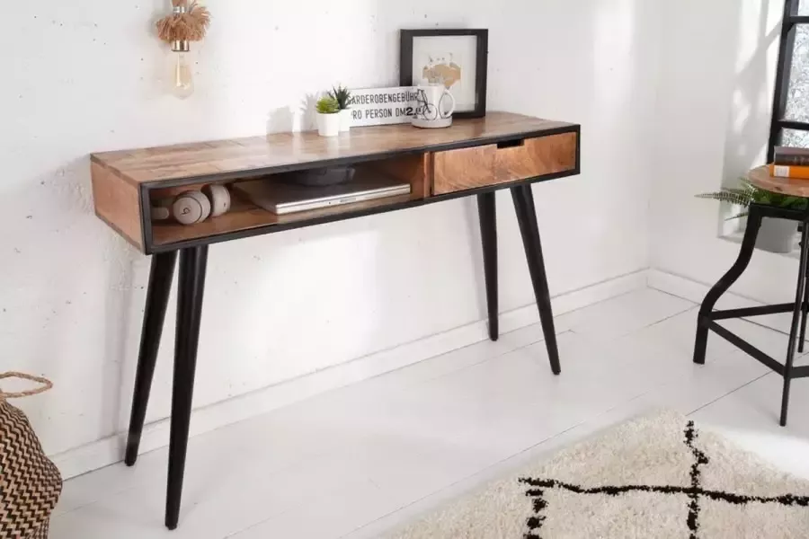 Interieurs online Industriële console tafel zoals bureau tafel 120cm Mangohout met zwarte poten