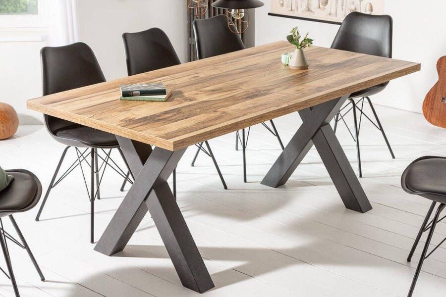 interieurs online Industriële eettafel 160cm eiken look met zwarte X-poten