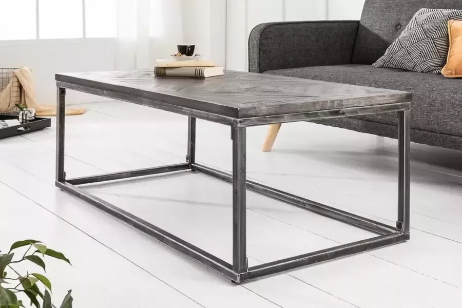 Interieurs online Industriële salontafel massief Mangohout 100 cm grijs mangohouten frame gebogen