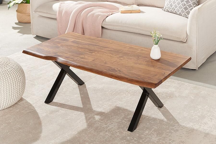 Interieurs online Massieve boomstam salontafel AcaciaHout 118 cm met X-onderstel