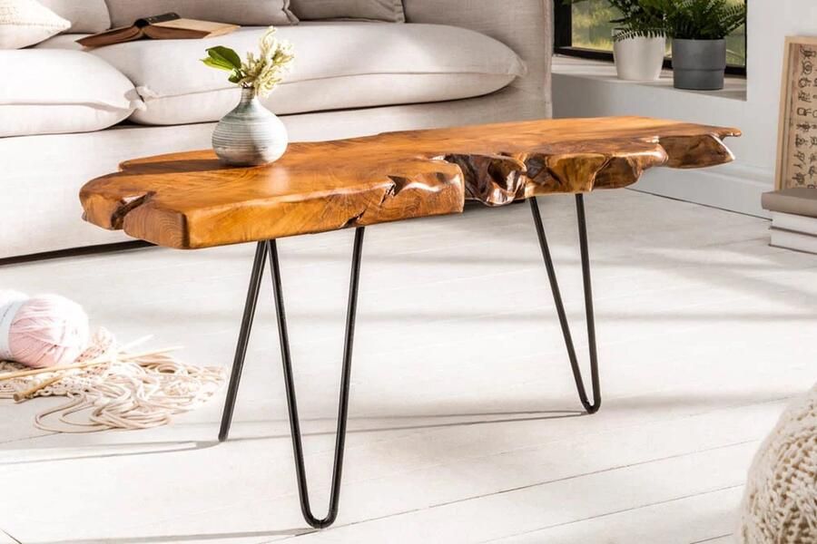 Interieurs online Massieve salontafel 100cm teak massief houten boomschijf Hairpin Legs