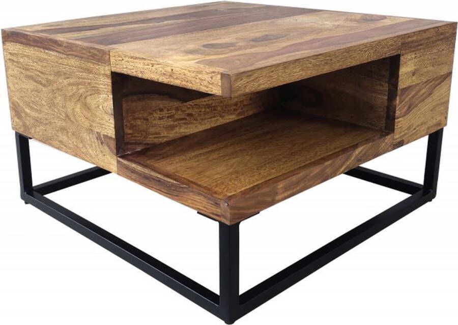 Interieurs online Massief houten salontafel GIANT 60 cm natuurlijke Sheesham steenafwerking metaal zwart met plank