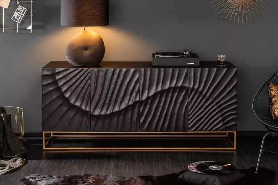 Interieurs online Massief Mangohout Dressoir Zwart 177 cm gedetailleerd 3D-houtsnijwerk