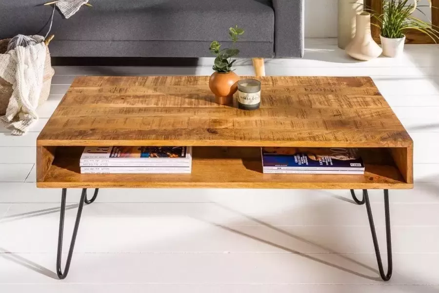 Interieurs online Massief Mangohout salontafel 100 cm natuurlijke mangohouten haarspeldpoten