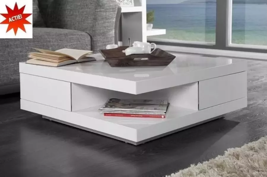 Interieurs online Moderne Design Salontafel met 2 Lades MDF Hoogglans wit 80 x 80 cm