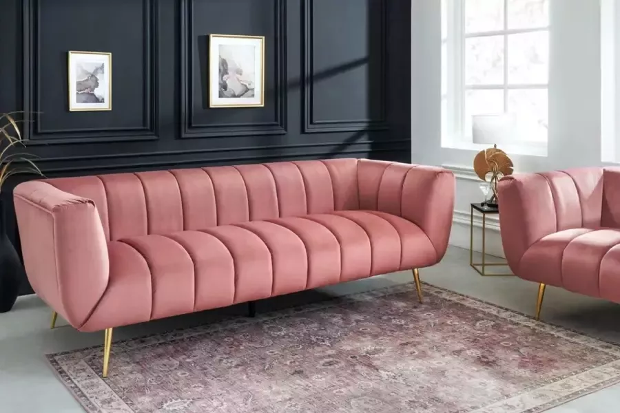 Interieurs online Retro 3-zitsbank NOBLESSE 225cm antiek roze fluweel 3-zits met decoratief stiksel