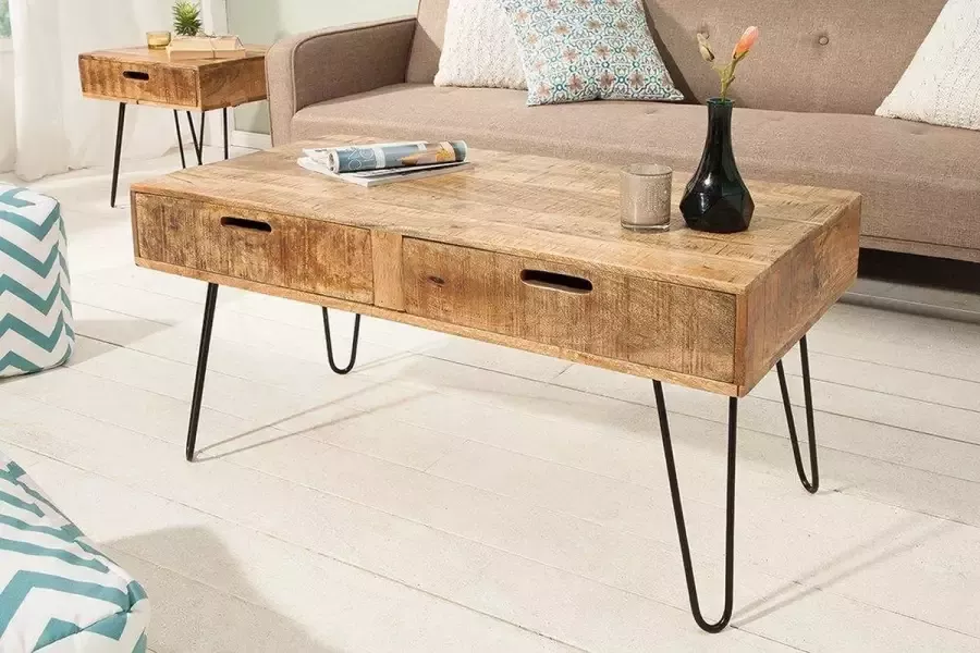 Interieurs online Retro mango hout salontafel met lades 100 cm