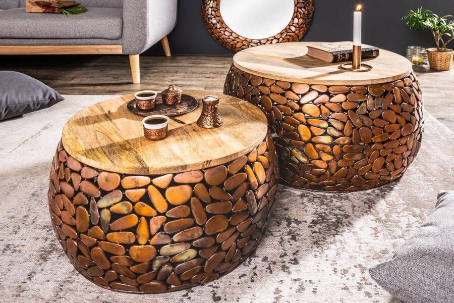 interieurs online Set van 2 salontafels STONE MOSAIC 65cm koper acaciahout handgemaakte mozaïek look