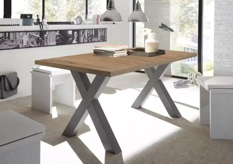 Interieurs online Uitschuifbare eettafel (160-210 cm) met X-vormig frame gelamenteerd hout kleur grafiet stirling eik