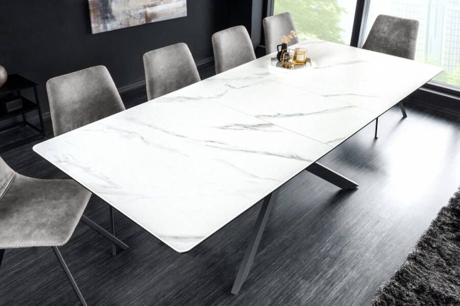 Interieurs online Uitschuifbare wit met donkere schroeven keramisch eettafel 160-200cm met zwarte metalen onderstel