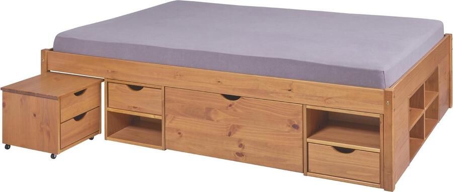 Interlink SAS EMOB Tweepersoonsbed met multi-opbergoplossingen Till 180 x 200 cm Teakhout Interlink Kingsizebedden Bruin Spaanplaat Kingsizebedden Tweepersoons Normaal bed Op voorraad