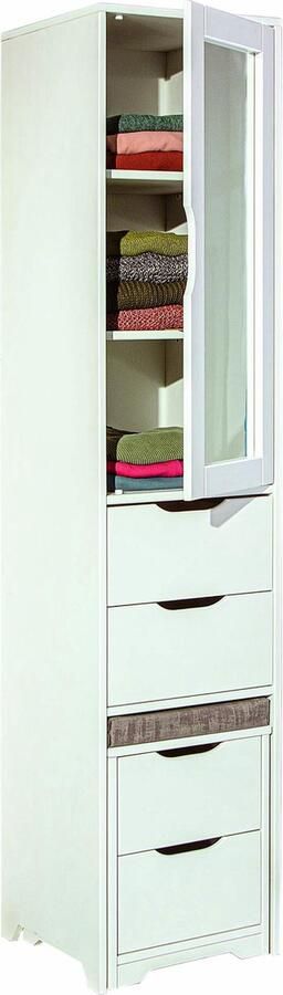 Hioshop Till kledingkast 1 spiegeldeur 4 laden wit zitkussen.