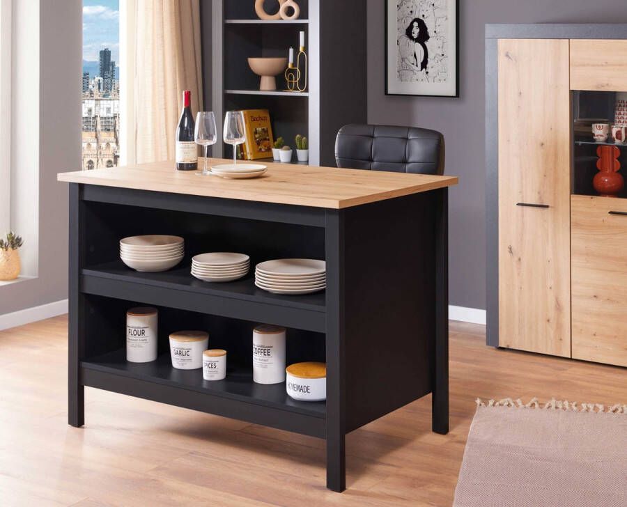 Interlink SAS Kookeiland Julina Ambachtelijk Eikenhouten Blad 124 x 75 x 91 5 cm Zwart