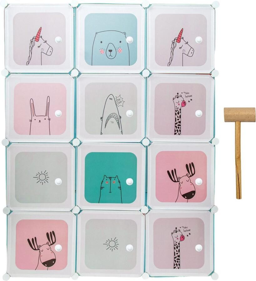 Intirilife garderobekast DIY wasbord plank met 12 deuren voor kinderen in blauw opbergkast plank kubus met 2 kledingstangen kan afzonderlijk worden gemonteerd