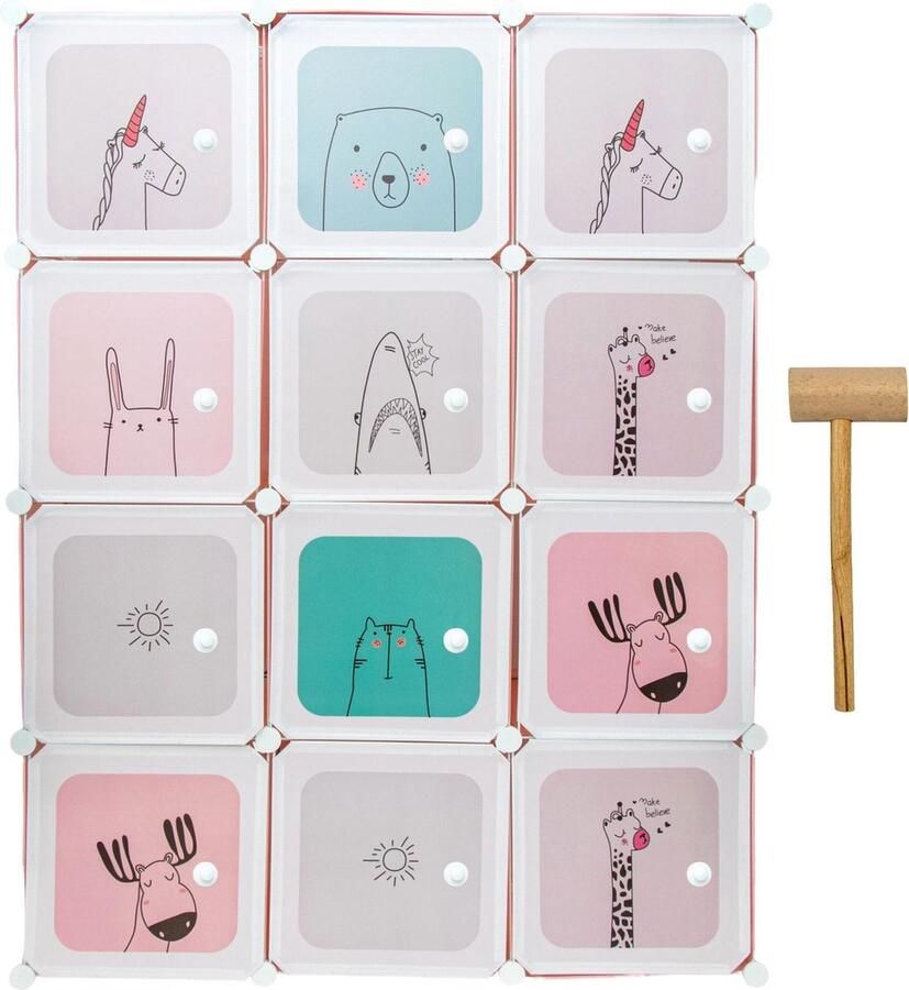 Intirilife garderobekast DIY wasbord plank met 12 deuren voor kinderen in roze opbergkast plank kubus met 2 kledingstangen kan afzonderlijk worden gemonteerd