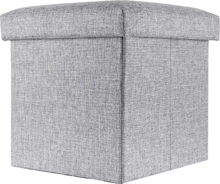 Intirilife Opvouwbaar krukje 30x30x30 cm in ALASKA GREY Zitkubus met opbergruimte en deksel van stof in linnenlook Zitkubus voetensteun opbergbox kist bankzitting