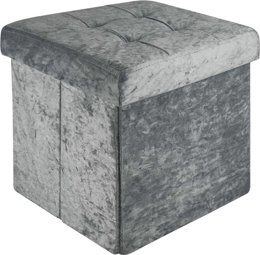 Intirilife Opvouwbare kruk 38x38x38 cm in fluweel grijs zitkubus met opbergruimte en deksel met fluwelen overtrek zitkubus voetsteun opbergbox kist zitbank