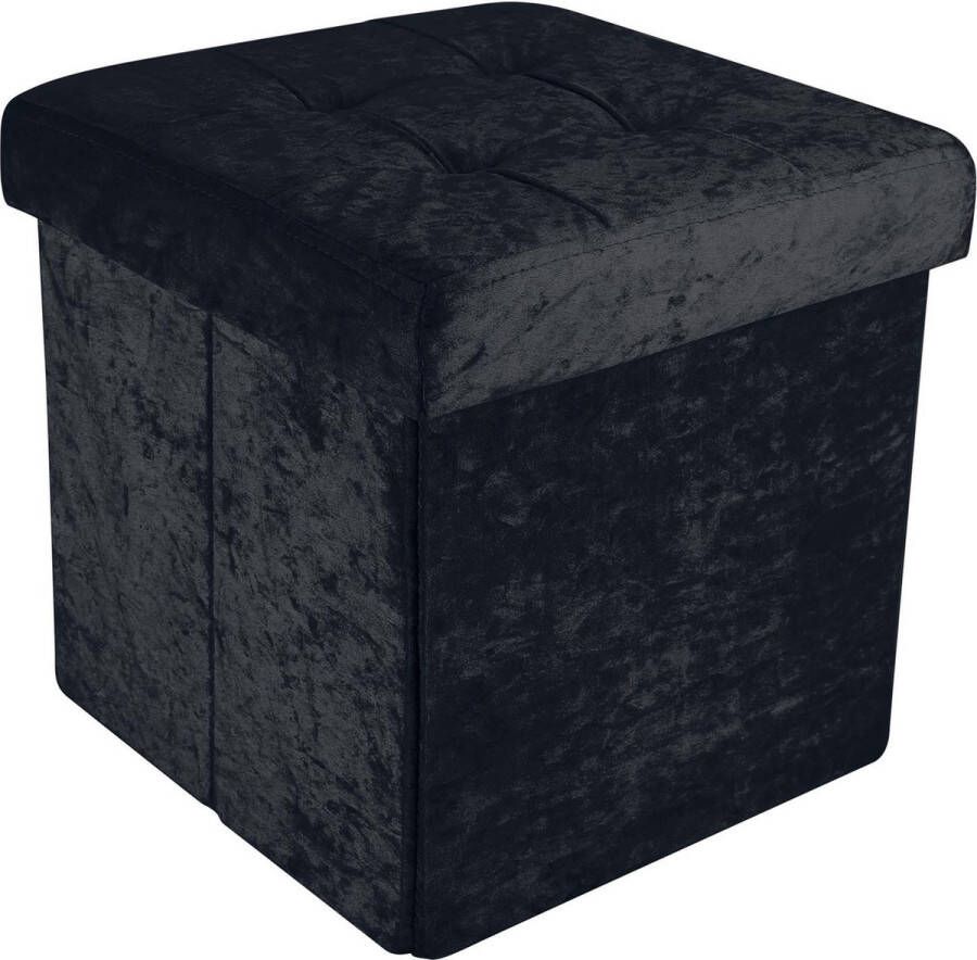 Intirilife Opvouwbaar krukje 38x38x38 cm in zwart fluweel zitkubus met opbergruimte en deksel met fluwelen bekleding zitkubus voetensteun opbergkist bankzitting