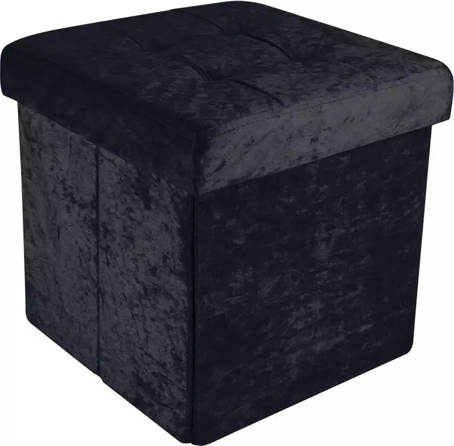 Intirilife Opvouwbare kruk 38x38x38 cm in fluweel zwart zitkubus met opbergruimte en deksel met fluwelen overtrek zitkubus voetsteun opbergbox kist zitbank