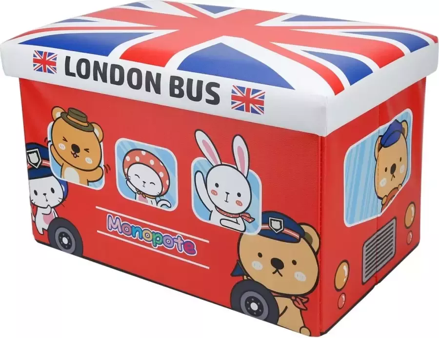 Intirilife Opvouwbare kruk voor kinderen 49 x 31 x 31 cm in Londen bus zitkubus met opbergruimte en deksel van kunstleer zitkubus speelgoedkist kist zitkist