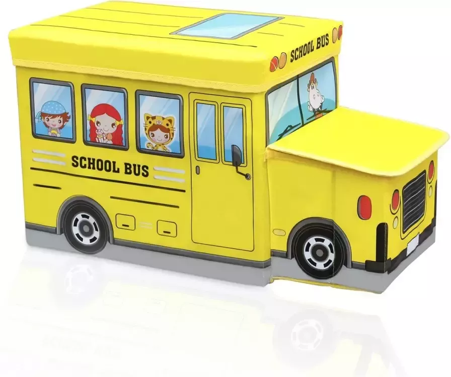 Intirilife Opvouwbare kruk voor kinderen 55x31x26 cm SCHOOLBUS Zitkubus met opbergruimte en deksel van kunstleer Zitkubus speelgoedkist zitkist op de borst